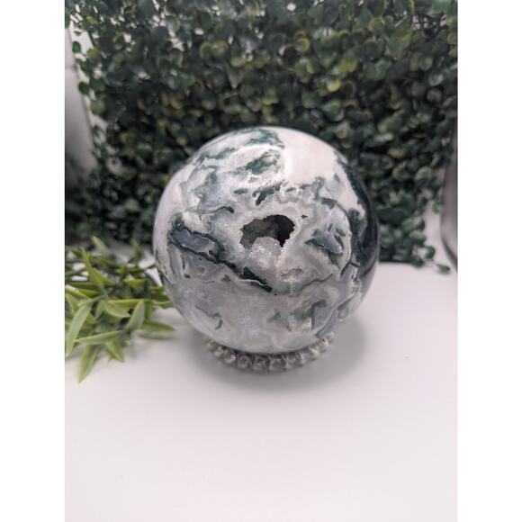 High Quality Moss Agate Sphere Druzy Cave Crystal witch Natural Statement Piece - Picture 1 of 8
